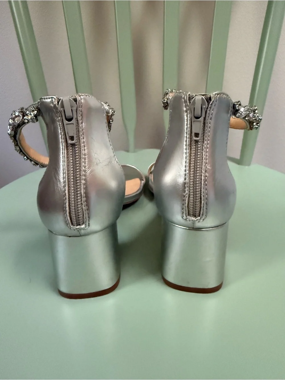 Badgley Mischka Silver Jeweled Ankle-Strap Block Heels